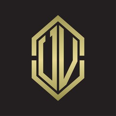 UV Logo monogram with hexagon shape and outline slice style with gold colors