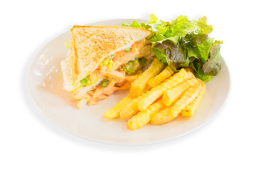 Sandwich with sausage, mayonnaise and ketchup on white plate with french fries and fresh lettuce on white background. Fast food concept.
