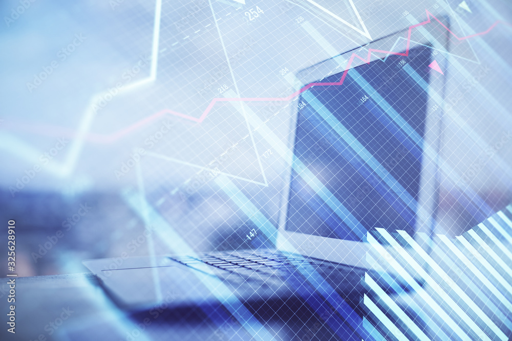 Aufkleber Stock market graph and table with computer background. Multi exposure. Concept of financial analysis.