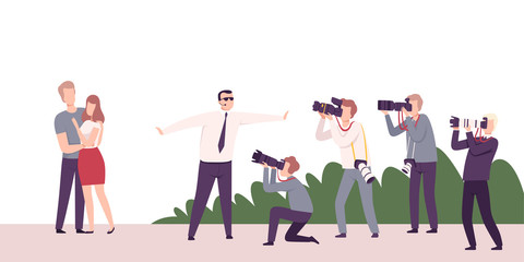 Celebrity Couple Posing to Paparazzi, Photographers with Cameras Photographing at Movie Festival, Premiere, Ceremony Show, Party for Famous People Flat Vector Illustration