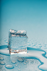 Ice cube with water drops on a blue background. The ice is melting.
