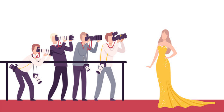 Celebrity Posing to Paparazzi, Photographers with Cameras Photographing at Movie Festival, Premiere, Ceremony Show, Party for Famous People Flat Vector Illustration