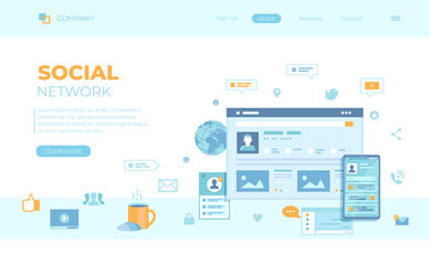 Social media network, online internet communication. Website page social Interface. Mobile and computer user screens, home page.  Can use for web banner, landing page, web template.
