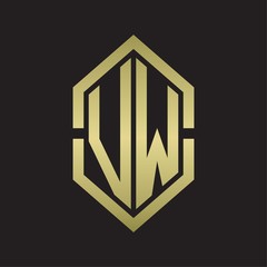 Logo monogram with hexagon shape and outline slice style with gold colors