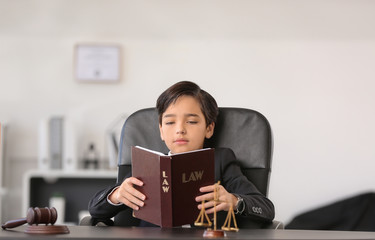 Little lawyer reading book in office