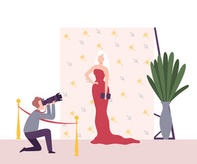 Elegant Beautiful Woman Posing to Paparazzi, Photographers with Cameras Photographing at Movie Festival, Premiere, Ceremony Show, Party for Famous People Flat Vector Illustration