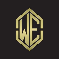 WE Logo monogram with hexagon shape and outline slice style with gold colors