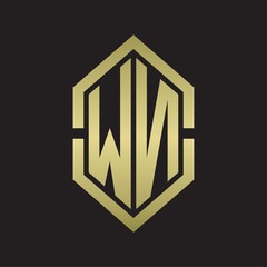 WN Logo monogram with hexagon shape and outline slice style with gold colors