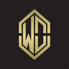 WO Logo monogram with hexagon shape and outline slice style with gold colors