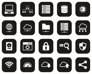 Server & Data Center Icons White On Black Flat Design Set Big