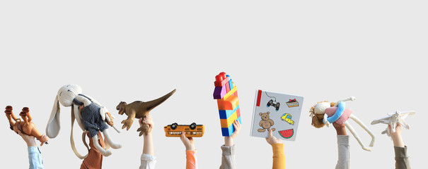 Children holding toys, concept of the childhood - obrazy, fototapety, plakaty