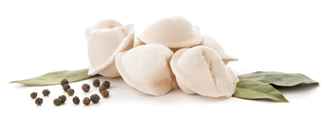 Raw fresh dumplings on white background