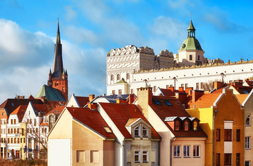 Szczecin cityscape including Ducal Castle bailey and cathedral tower on the left, Poland. - obrazy, fototapety, plakaty
