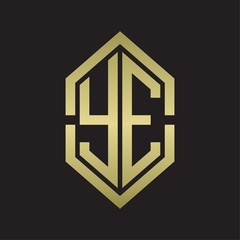 YE Logo monogram with hexagon shape and outline slice style with gold colors