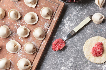 Making of tasty dumplings on grey background