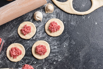 Making of tasty dumplings on dark background