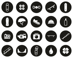Skateboarding Extreme Sport & Equipment Icons White On Black Flat Design Circle Set Big