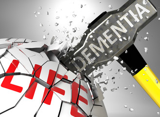 Dementia and destruction of health and life - symbolized by word Dementia and a hammer to show negative aspect of Dementia, 3d illustration