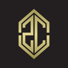 ZC Logo monogram with hexagon shape and outline slice style with gold colors