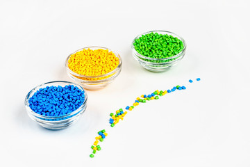 Polymeric dye. Plastic pellets. Colorant for plastics. Pigment in the granules.