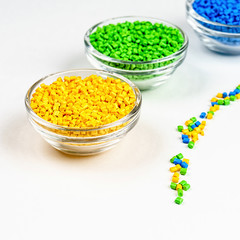 Polymeric dye. Plastic pellets. Colorant for plastics. Pigment in the granules.