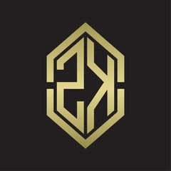 ZK Logo monogram with hexagon shape and outline slice style with gold colors