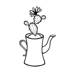 Blooming cactus in a teapot with the ground. The concept of spring, awakening, the birth of a new life. Hand-drawn flower doodle line art. Stock vector illustration isolated on white background.