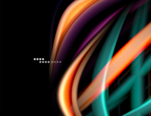 Silk smooth lines on black, liquid fluid color waves. Vector Illustration