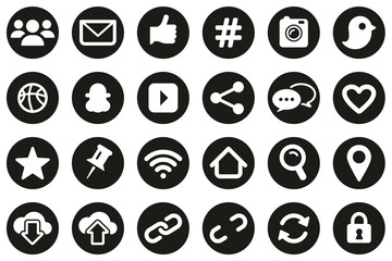 Social Media Icons White On Black Flat Design Circle Set Big