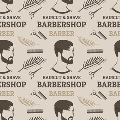 Pattern Haircut & Shave Barbershop Barber for Man. Poster Young Man with Fashionable and Interesting Haircut that Attracts Look. Basic Tools Create his Hairstyle and Cutting Beard Scissors.