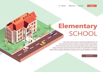Landing Website Isometric Modern Elementary School. Facade Beautiful Building Public Educational Institution and Yard. Road with Vehicles and Police Car. Vector Schoolchild or Teacher Runs to Study