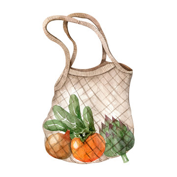 String shopping bag with vegetables - watercolor hand drawn clipart isolated on white background. Onion, artichoke, salad, persimmon from market. Zero waste lifestyle, eco-friendly accessories.