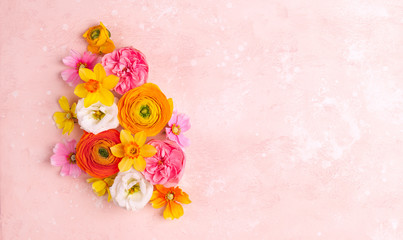 Holiday concept with spring flowers on pastel pink background