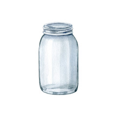 Glass jar- watercolor hand drawn clipart isolated on white background. Zero waste lifestyle, eco-friendly kitchen. No plastic concept. Handmade illustration.