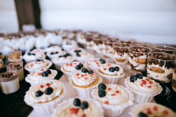 Cupcakes with cream and fresh blueberries on a plate on candy bar on party