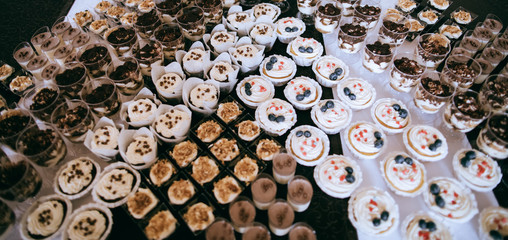 Sweet food background. Cupcakes with cream and fresh blueberries on a plate on dessert table