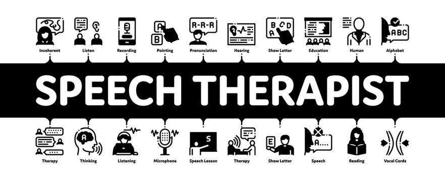 Speech Therapist Help Minimal Infographic Web Banner Vector. Speech Therapist Therapy, Alphabet And Blackboard, Phone And Microphone Illustrations