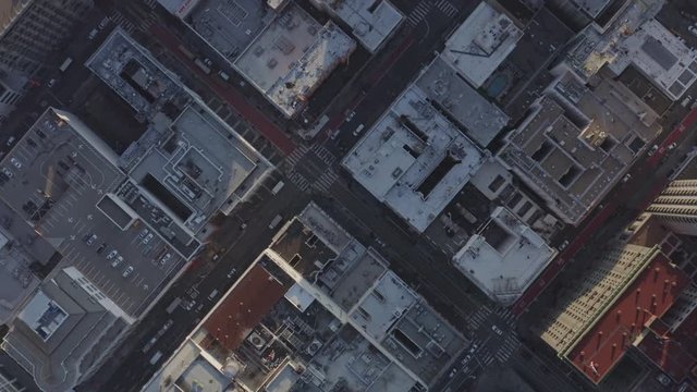 San Francisco Aerial v95 Vertical downtown cityscape from Union Square into Tenderloin - December 2018