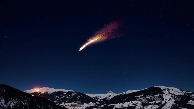 A shiny comet flying over the winter sky. Digital illustration.