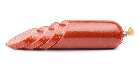 Sliced salami smoked sausage, isolated on white background - obrazy, fototapety, plakaty
