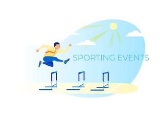 Sporting Events Metaphor Business Poster. Running with Obstacles. Cartoon Businessman Character in Necktie and Suit Jump over Hindrance. Sporty People. Competition. Vector Flat Natural Illustration