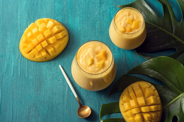 Mango lassi drink, sweet tropical smoothie