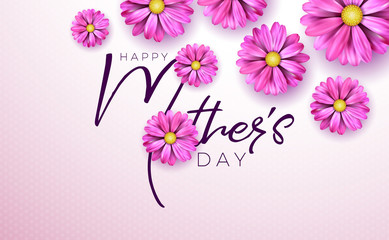 Happy Mothers Day Greeting card design with flower and typography letter on pink background. Vector Celebration Illustration template for banner, flyer, invitation, brochure, poster.