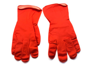 Rubber gloves for cleaning isolated on a white background. Red gloves to protect hands. Gloves for cleaning.
