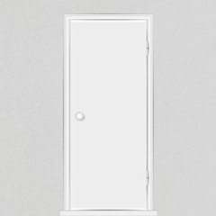 Realistic empty white closed door with frame and doorknob isolated on textured grey wall background. Vector illustration.