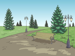 Park graphic color bench lamp landscape sketch illustration vector