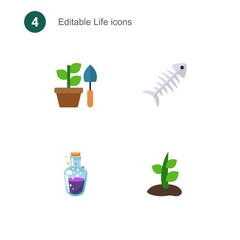 4 life flat icons set isolated on . Icons set with Gardening, fish bone, mana potion, Plant icons.