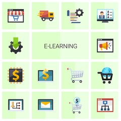 14 e-learning flat icons set isolated on white background. Icons set with Online tutorial, Blended Learning, Computer-Based Training, Video training, Distance Learning icons.