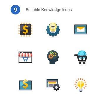 9 knowledge flat icons set isolated on . Icons set with Blended Learning, Creative process, Online library, Distance Learning, Cognitive Science, eLearning, Computer-Based Training icons.