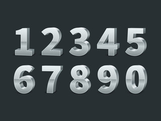 Silver 3d numbers. Realistic shiny metallic number symbols with shadows, creative chrome digits, credit cards font, typographic vector set